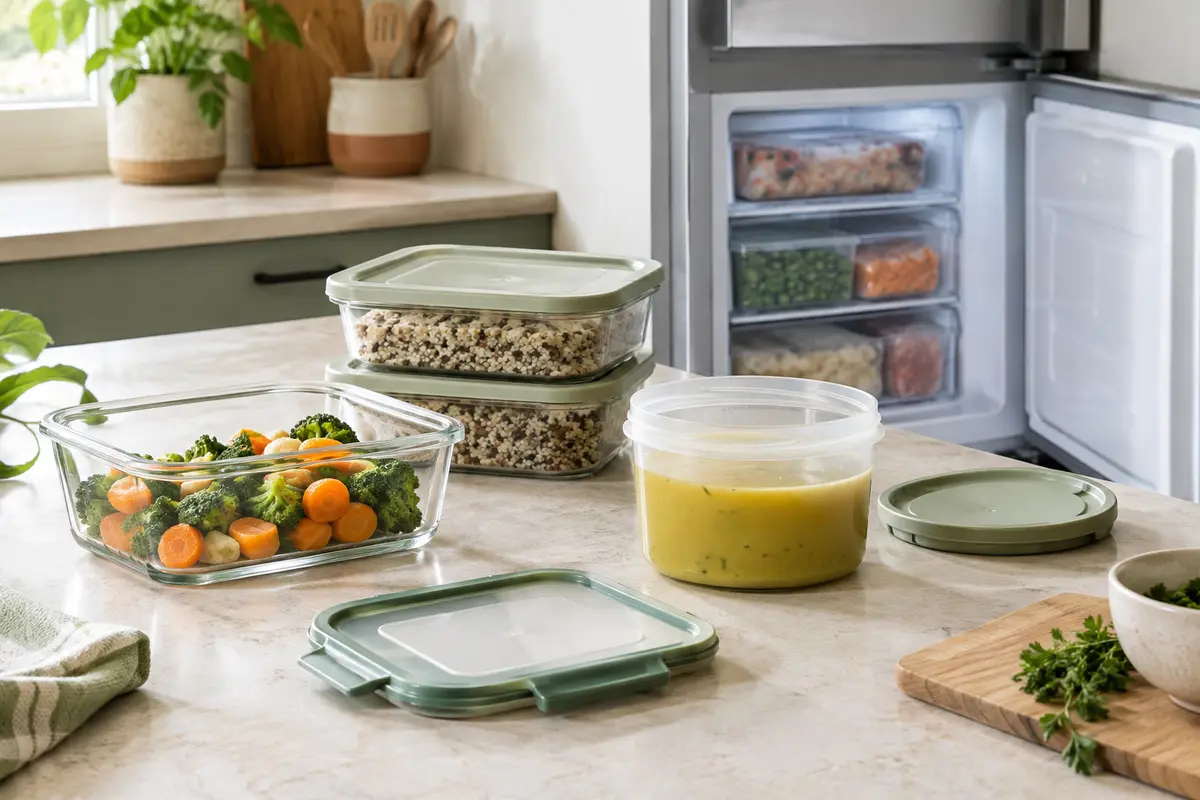 Boîte alimentaire remplie avec une marge, prête à être rangée dans un congélateur