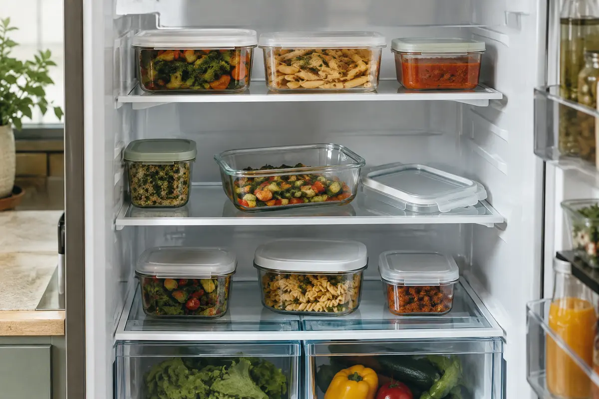 Boîtes alimentaires de différentes tailles rangées au réfrigérateur avec un couvercle posé à côté