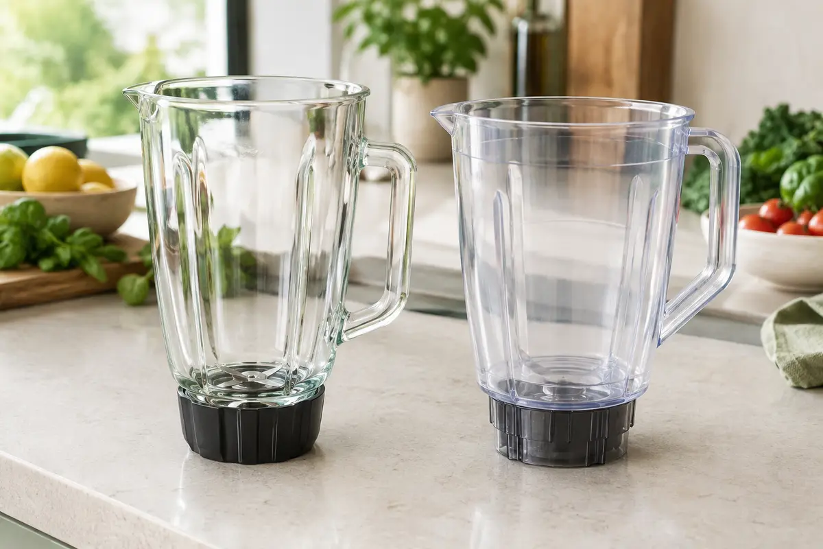 Deux bols de blender, l’un en verre et l’autre en plastique, posés côte à côte sur un plan de travail.