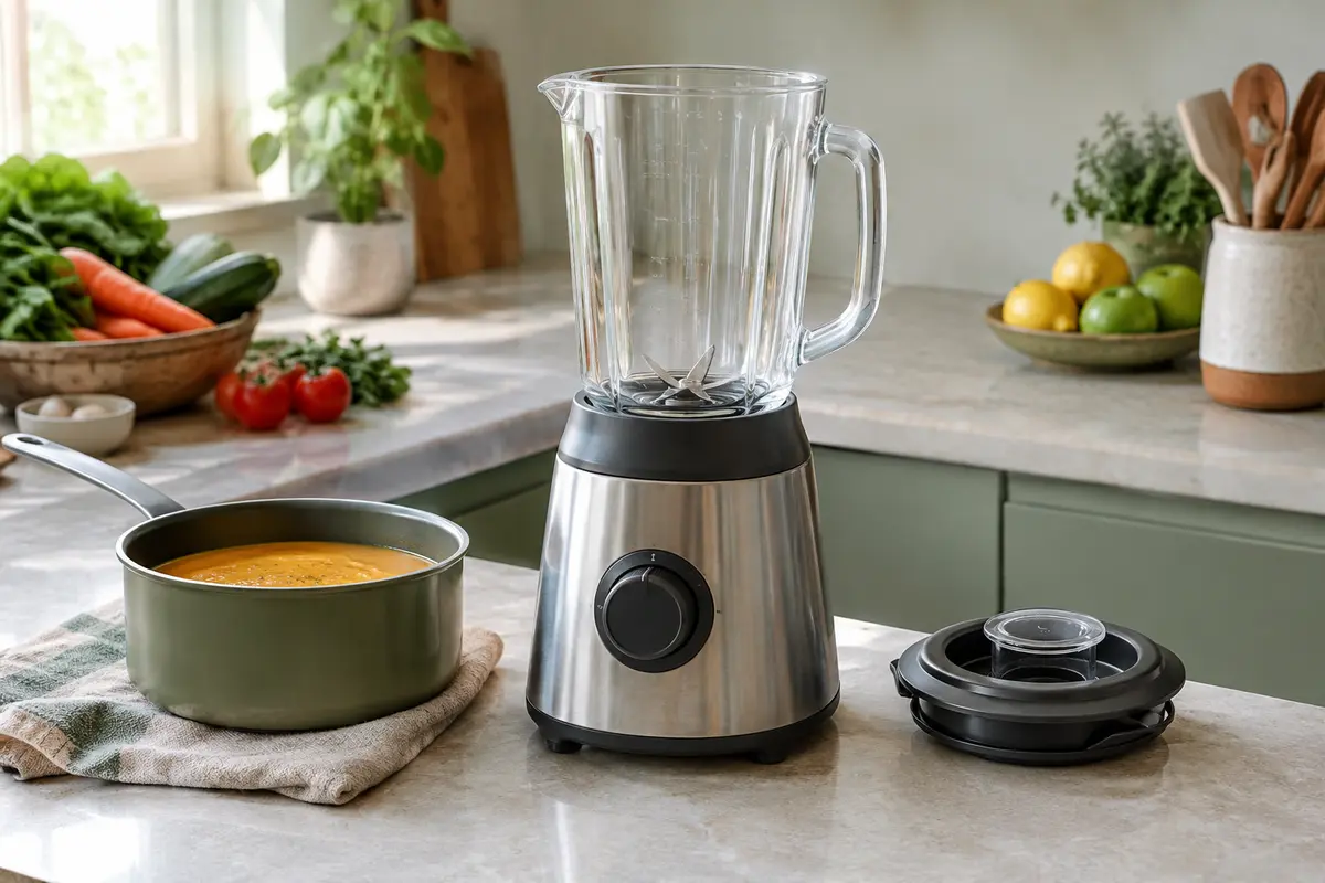 Blender sur un plan de travail près d’une soupe chaude et de fruits frais pour illustrer les usages à vérifier.