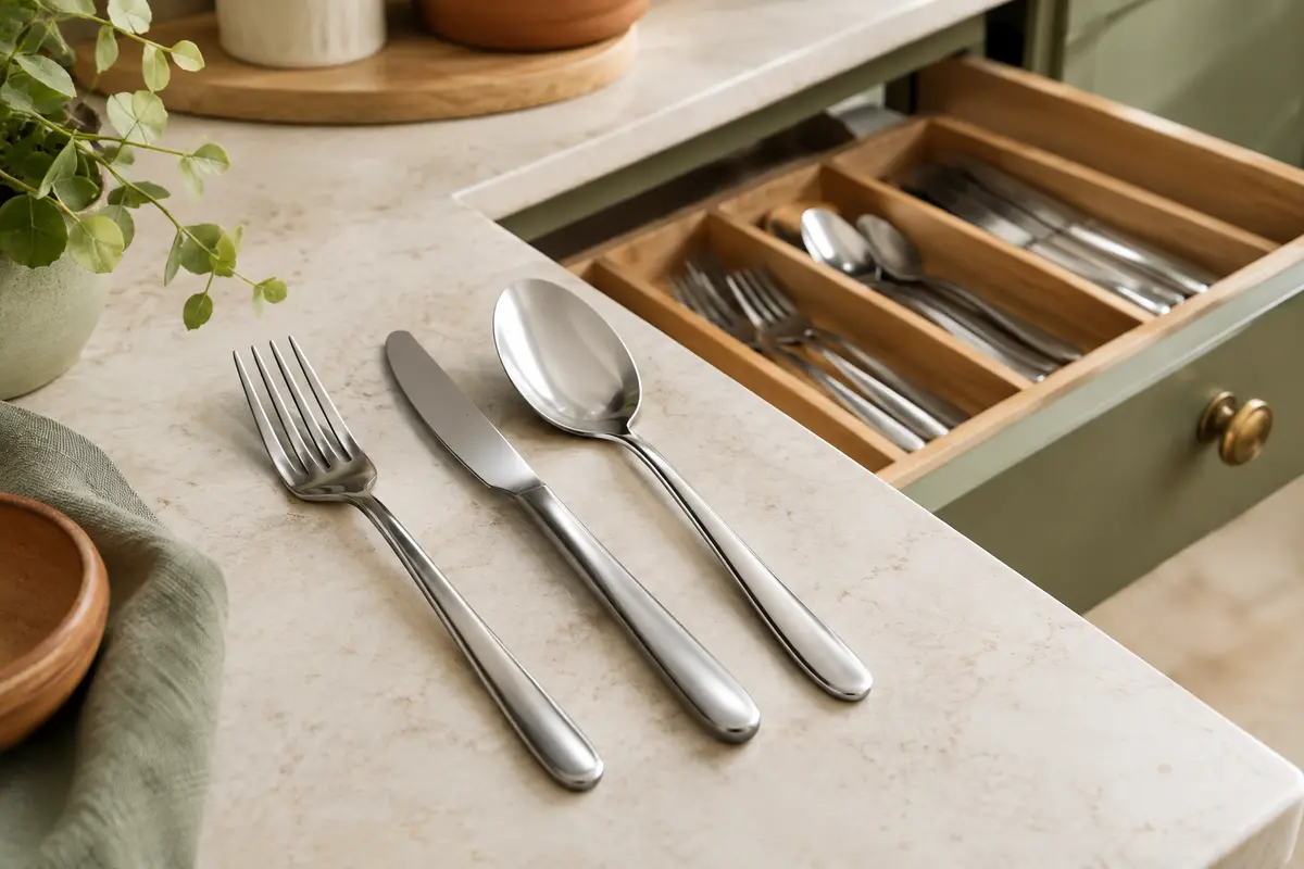 Couverts de table en inox disposés près d’un tiroir organisé avec un range-couverts