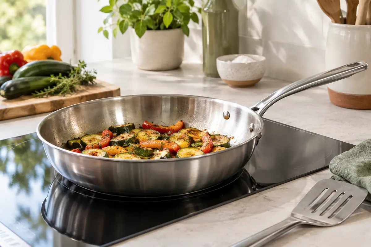 Poêle en inox sans revêtement avec des légumes dorés, posée sur une plaque de cuisson.