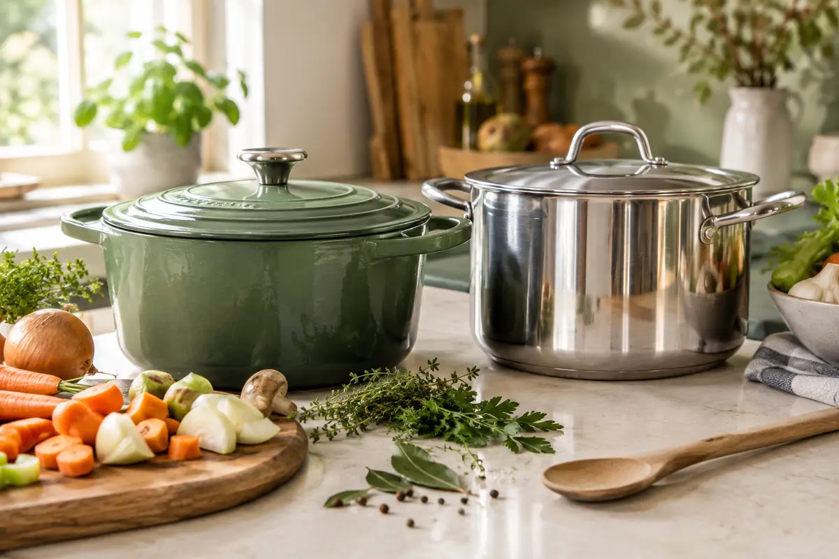 Cocotte en fonte émaillée et faitout en inox côte à côte, avec des légumes prêts pour un mijoté.