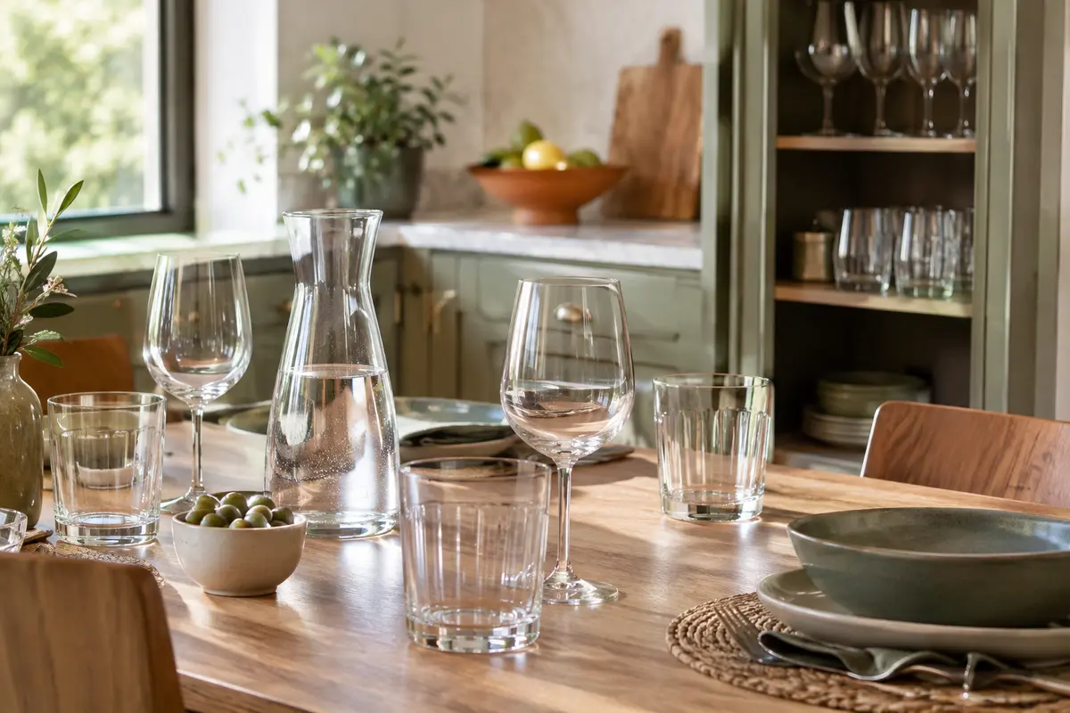 Gobelets et verres à pied disposés sur une table près d’un placard de cuisine organisé.