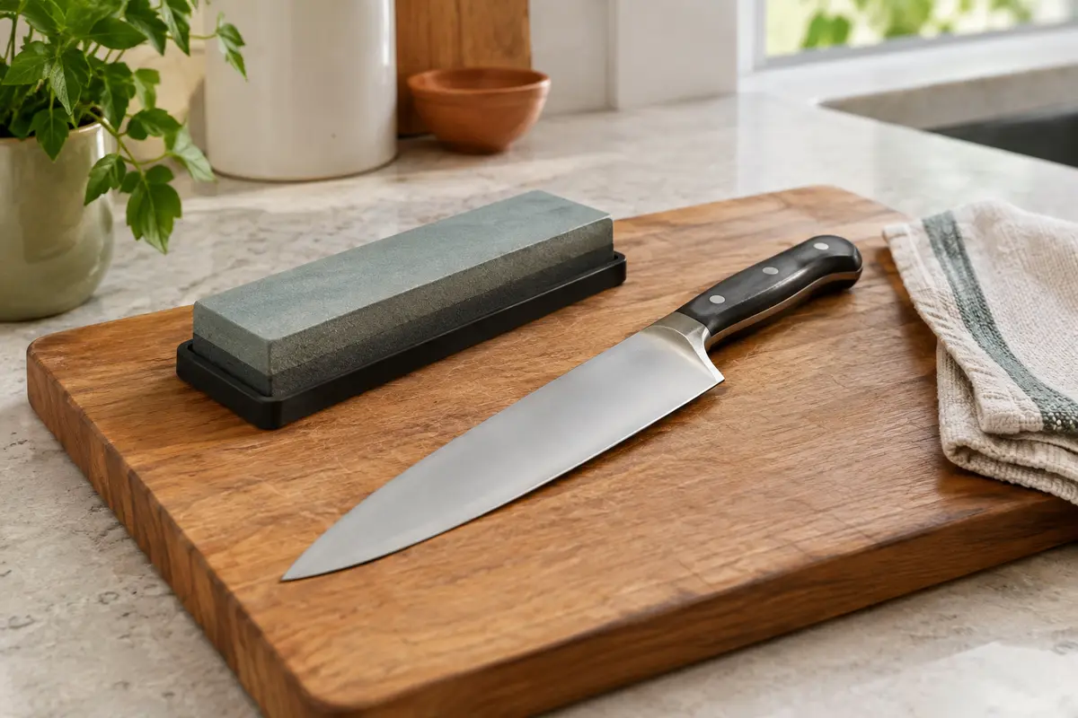 Couteau de cuisine posé sur une planche, avec une pierre à aiguiser et un linge à proximité