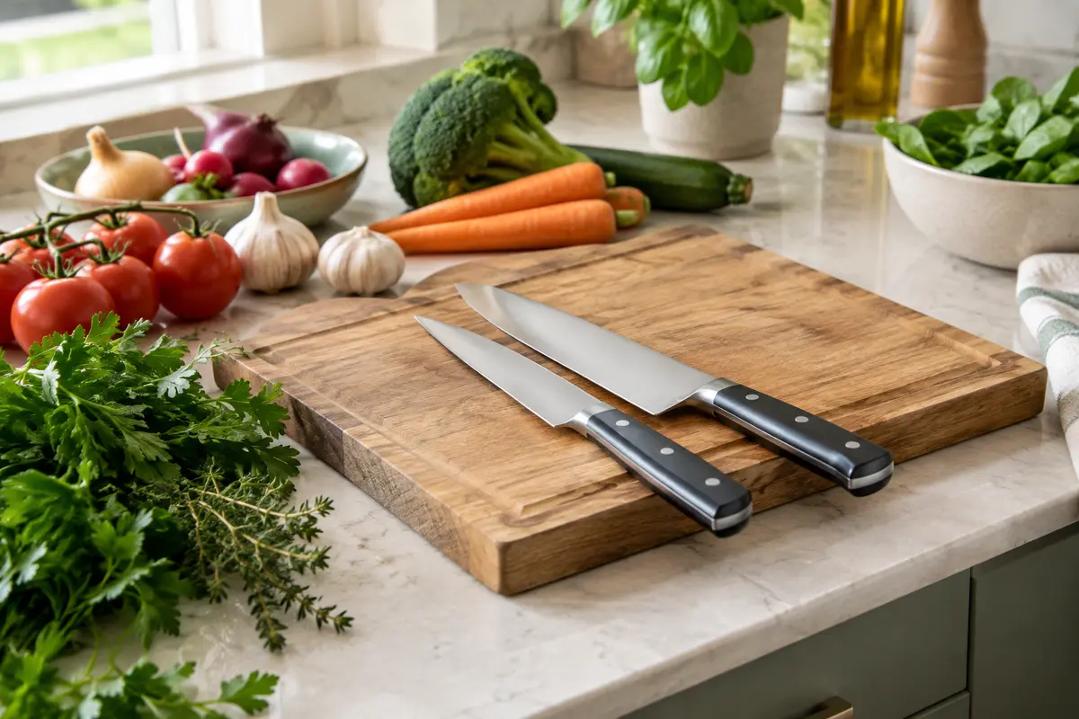 Deux couteaux de chef de longueurs différentes posés sur une planche avec des légumes frais