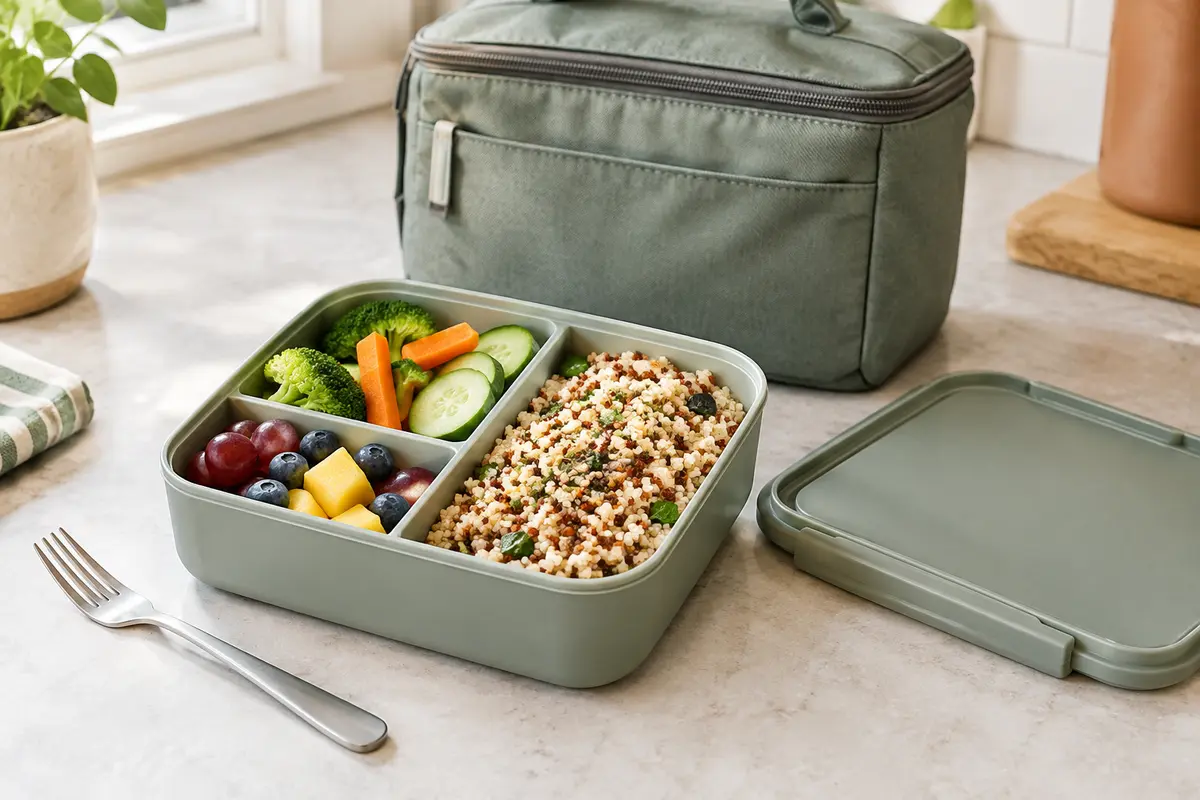 Lunch box ouverte avec compartiments, couvercle et joint visibles sur une table claire
