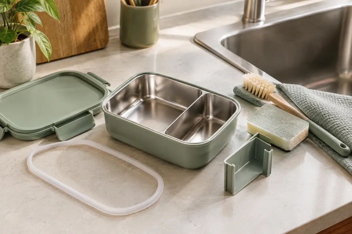 Lunch box ouverte avec cuve, couvercle et joint séparés près d’une éponge douce