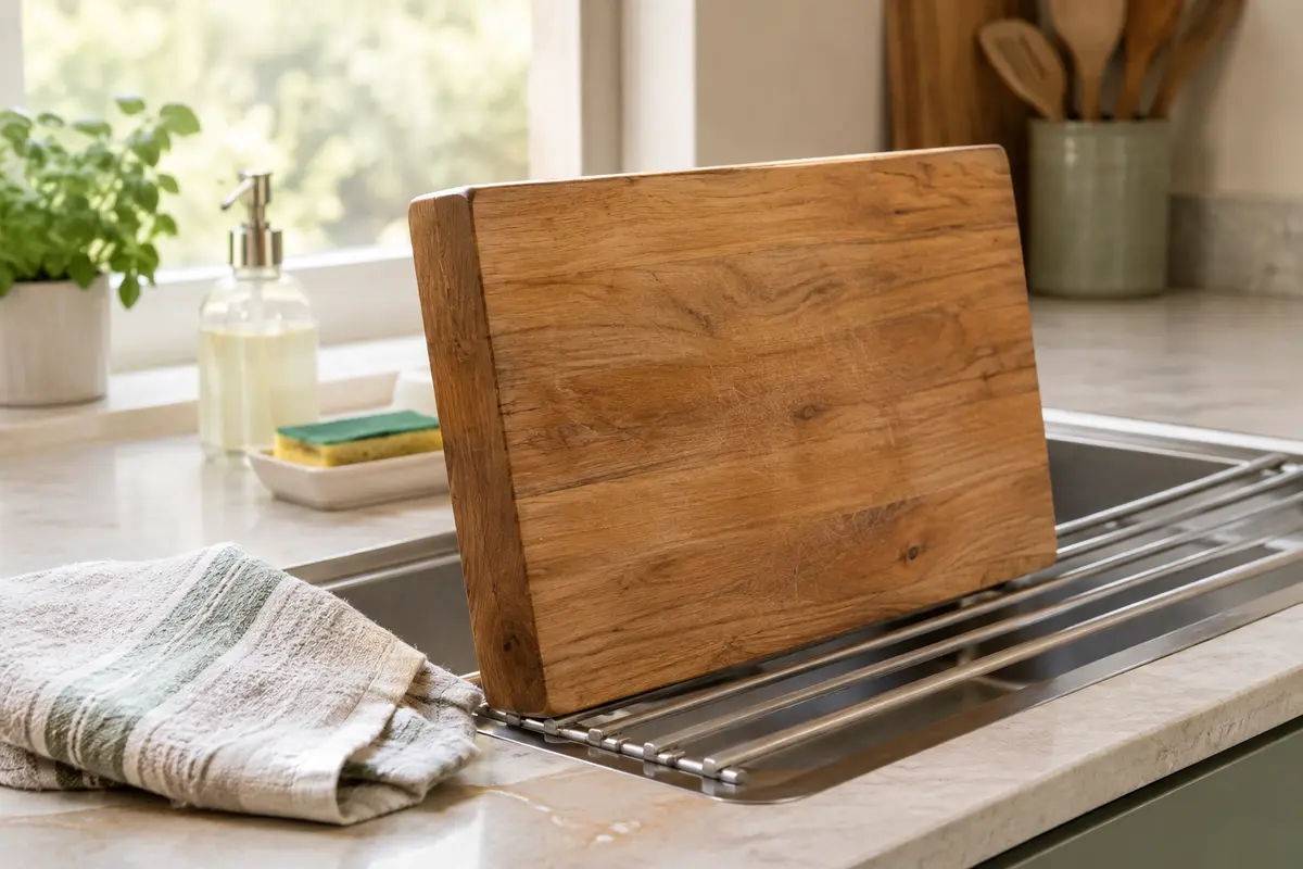Planche à découper en bois séchant à la verticale près d’un évier après son lavage.