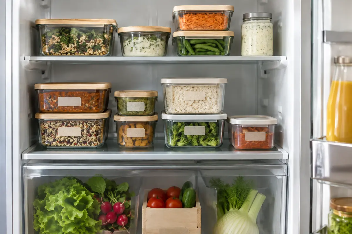 Boîtes alimentaires de formats variés, empilées et organisées sur une étagère de réfrigérateur.