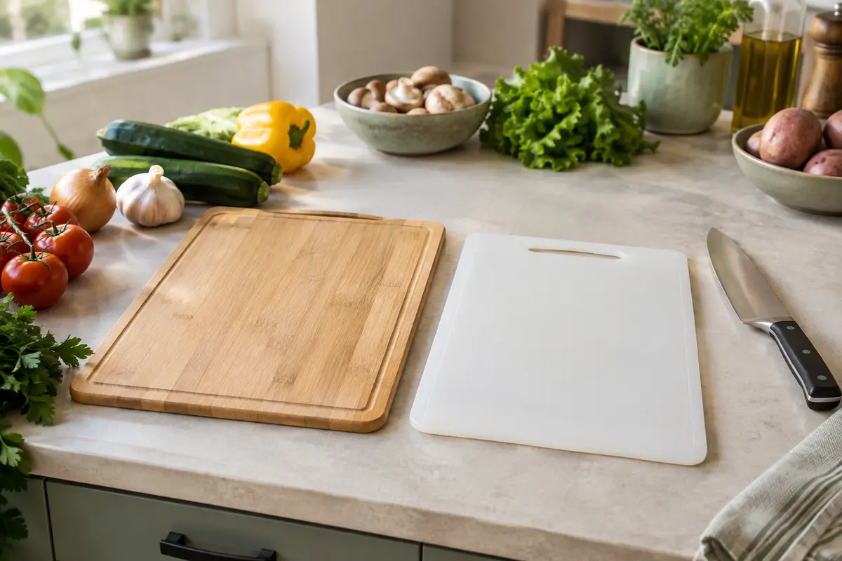 Deux planches à découper, l’une en bois et l’autre en plastique, sur un plan de travail avec des légumes.
