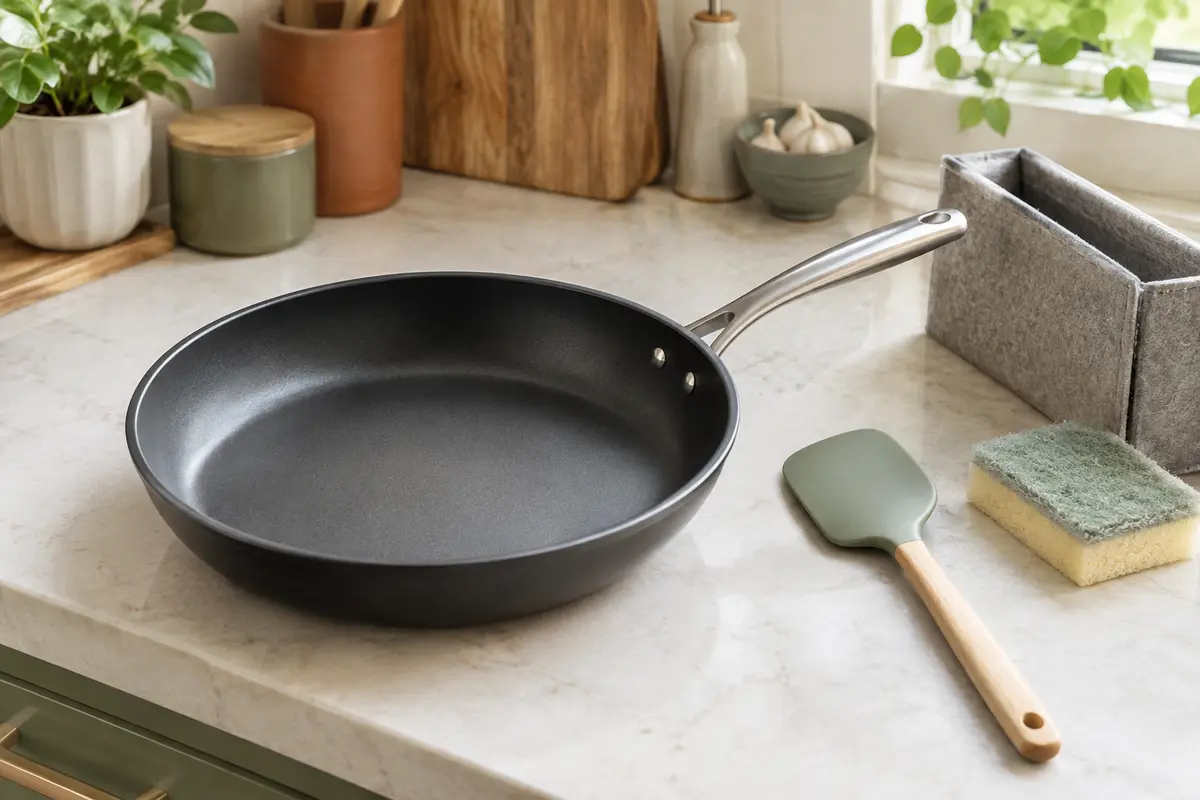 Poêle antiadhésive intacte avec spatule souple, éponge douce et protection de rangement