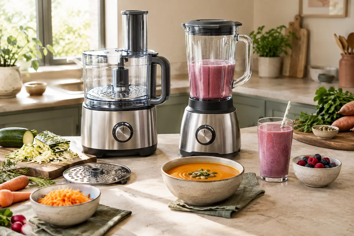 Robot multifonction et blender côte à côte sur un plan de travail avec légumes et préparation mixée