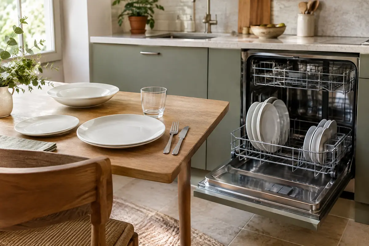 Assiettes de différents diamètres disposées sur une petite table et dans le panier d’un lave-vaisselle.
