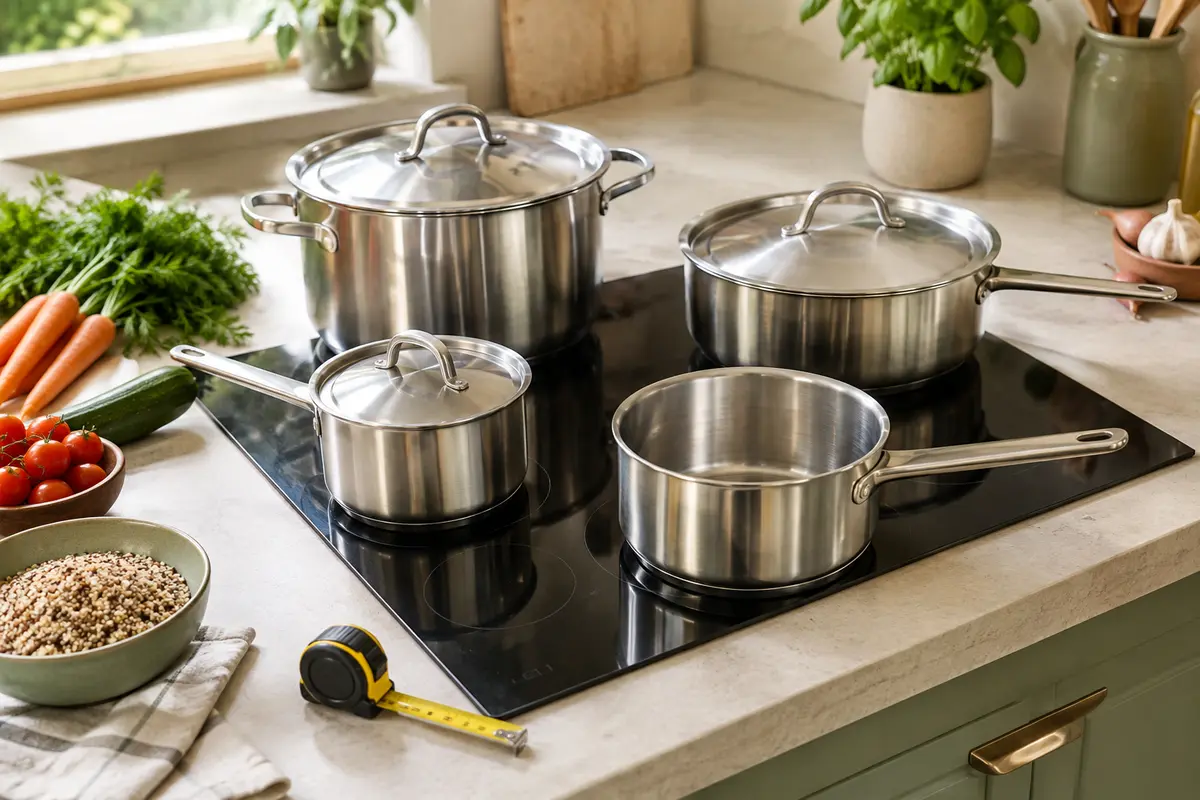 Casseroles en inox de plusieurs diamètres disposées sur une plaque pour comparer les formats