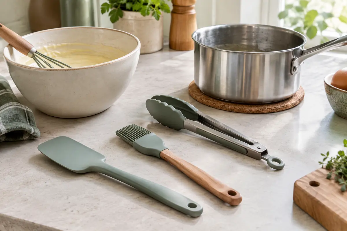 Spatule, maryse et pince en silicone disposées près d’un bol et d’une casserole