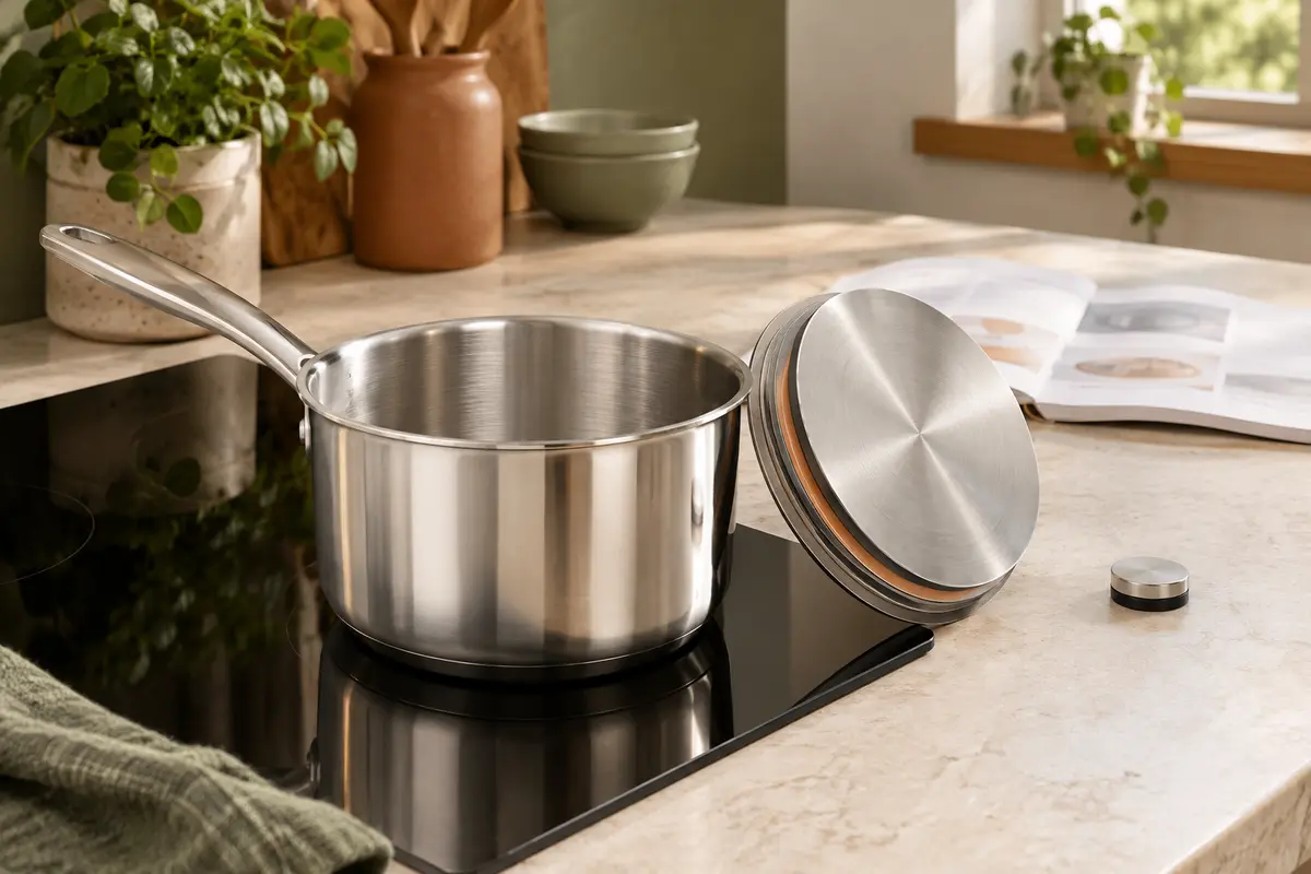 Casserole en inox et aimant posés près d’une plaque à induction éteinte pour vérifier la compatibilité.