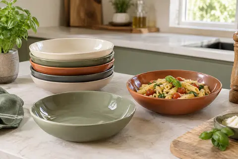 Assiettes creuses rondes en porcelaine bicolore, empilées et garnies de pâtes sur un plan clair.