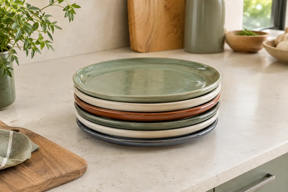 Lot de six assiettes rondes multicolores en céramique émaillée présenté dans une cuisine lumineuse