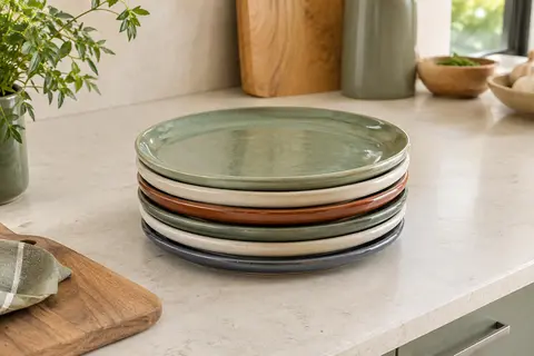 Lot de six assiettes rondes multicolores en céramique émaillée présenté dans une cuisine lumineuse