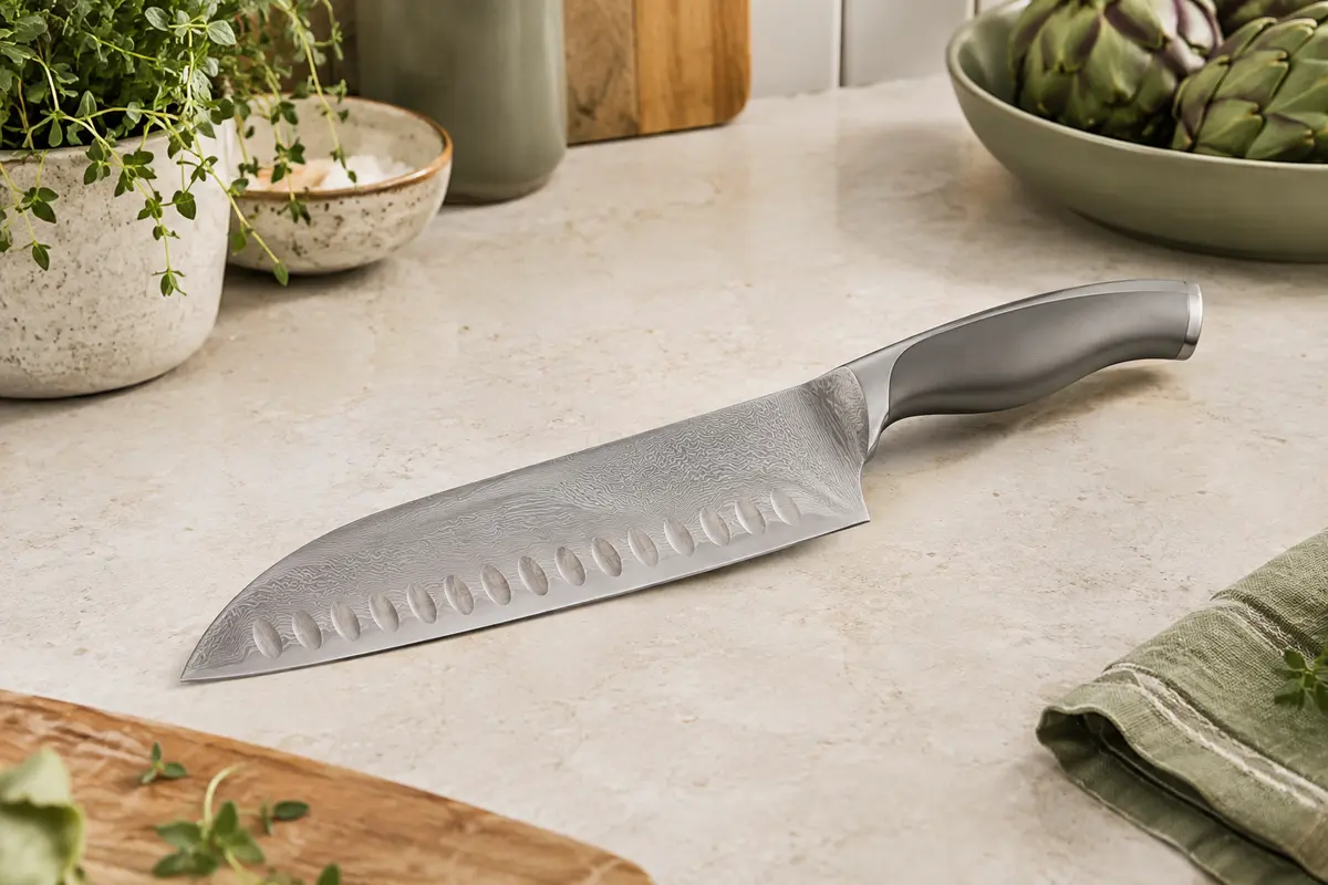 Couteau Santoku forgé à lame argentée au motif damassé posé sur une planche en bois clair