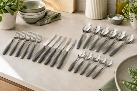 Ménagère Amefa Éclat de 24 couverts, avec manches gris et finition brillante, disposée sur une table claire.