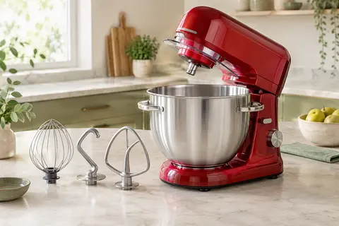 Robot pâtissier rouge à tête inclinable avec bol inox de 6 L posé sur un plan de travail clair.