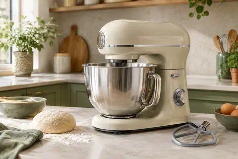 Robot pâtissier beige Ariete Vintage avec bol inox posé sur un plan de travail clair