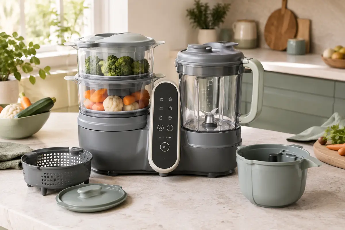 Robot cuiseur Babymoov Nutribaby(+) gris posé sur un plan de travail clair dans une cuisine lumineuse