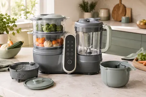 Robot cuiseur Babymoov Nutribaby(+) gris posé sur un plan de travail clair dans une cuisine lumineuse