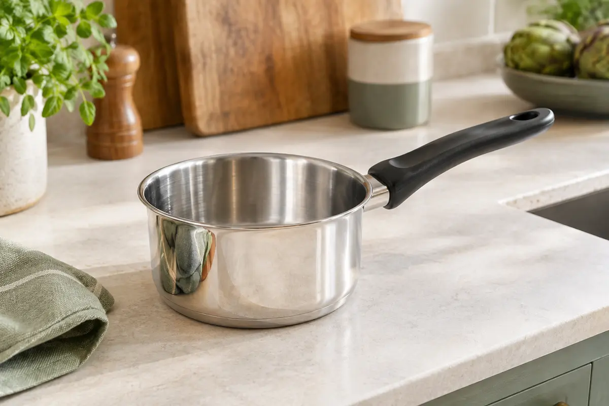 Petite casserole Beka en inox poli de 12 cm, avec poignée noire en bakélite, posée sur un plan de travail clair.