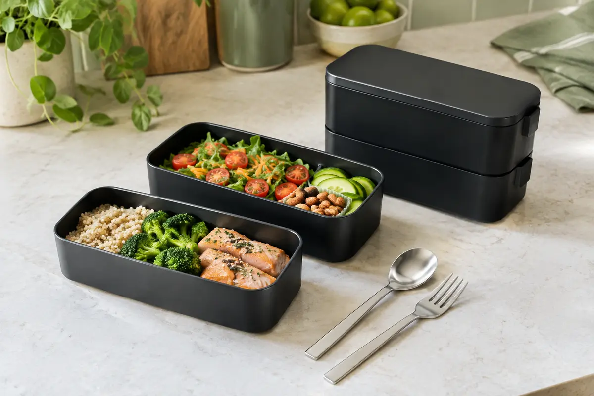 Boîte bento noire à deux compartiments avec une cuillère et une fourchette en acier inoxydable sur un plan clair.