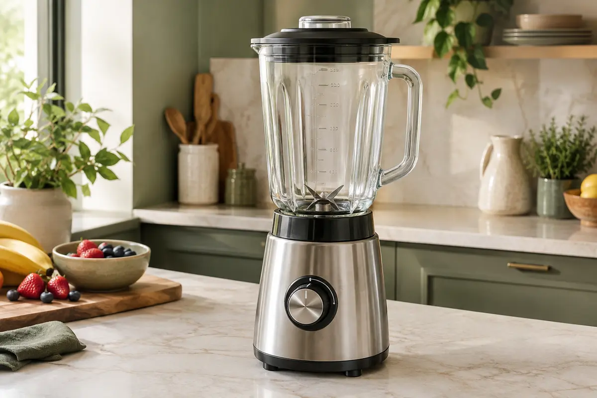Blender BLACK+DECKER finition inox avec bol gradué en verre posé sur un plan de travail clair