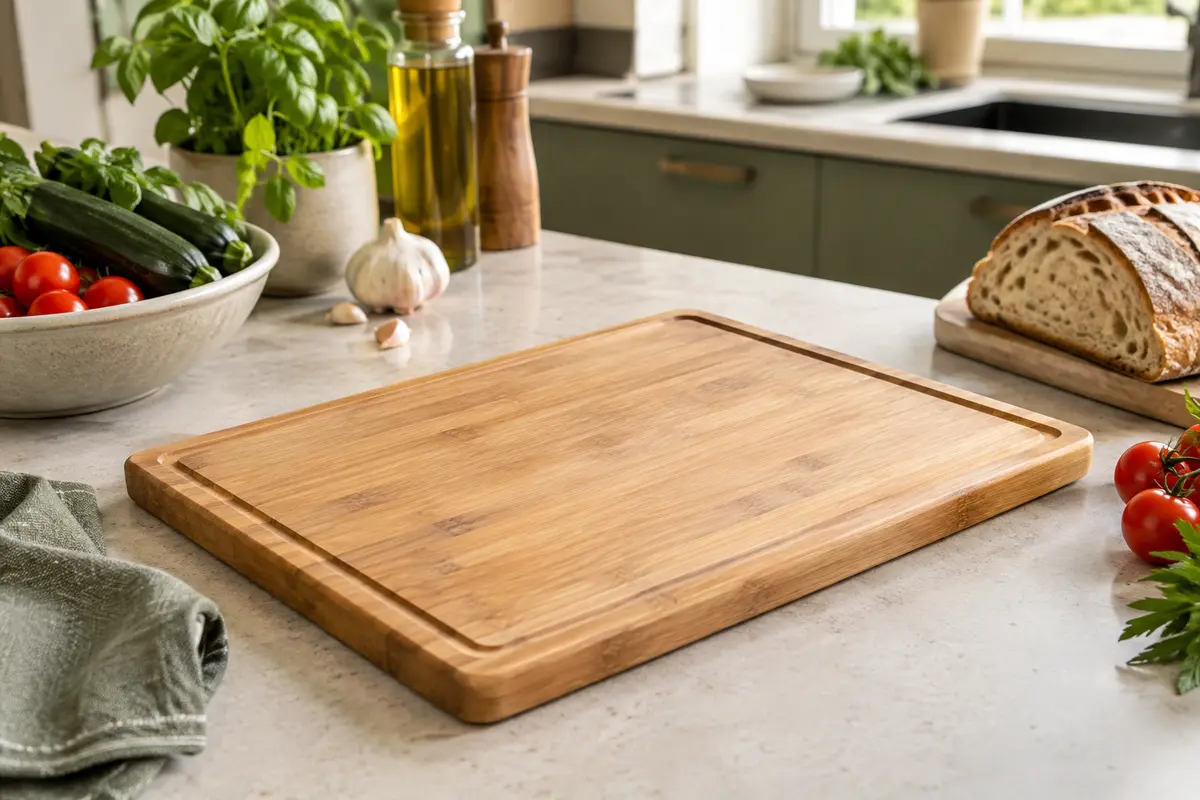 Planche rectangulaire en bambou avec rainure, posée sur un plan de travail clair.