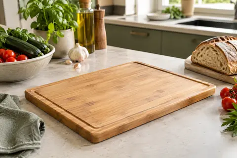 Planche rectangulaire en bambou avec rainure, posée sur un plan de travail clair.