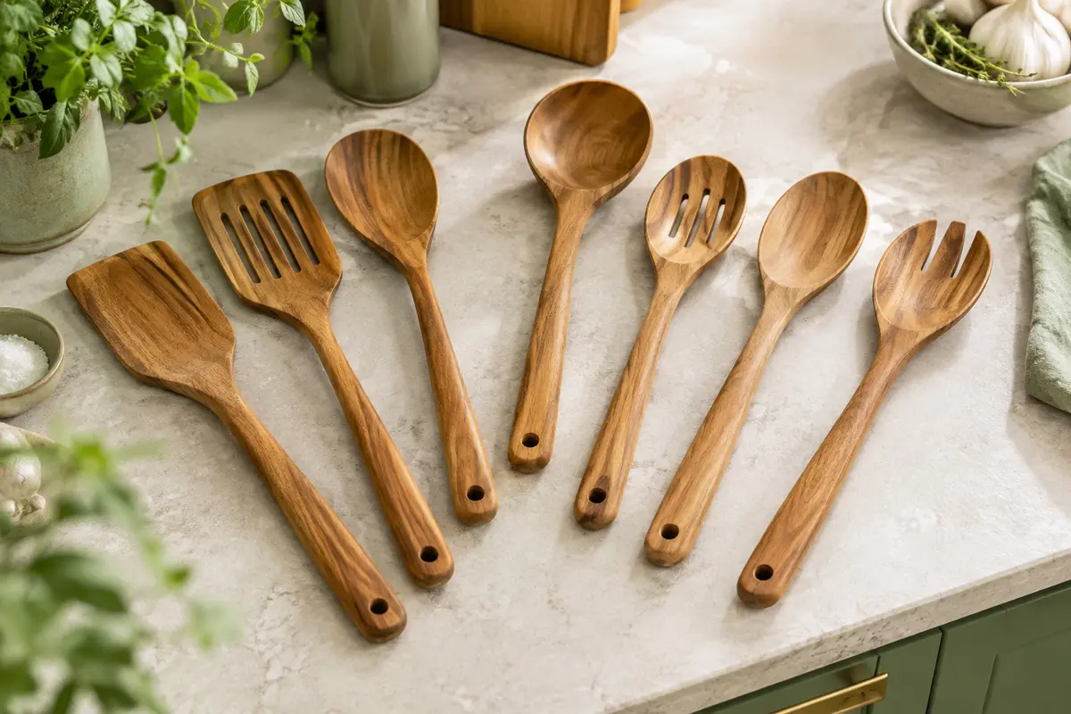 Sept ustensiles de cuisine en teck, dont spatules, louche et cuillères, disposés sur un plan de travail clair.