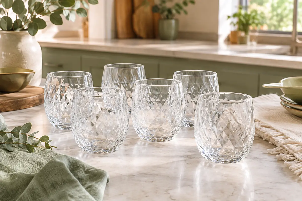 Lot de six verres transparents à eau avec relief géométrique à losanges, posés sur un plan de travail clair.