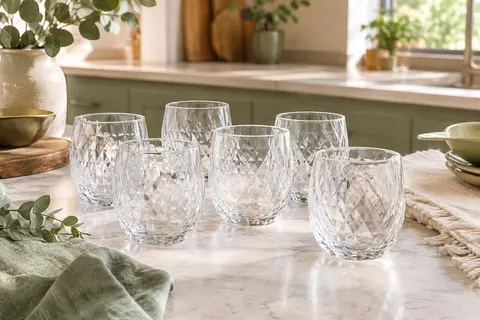 Lot de six verres transparents à eau avec relief géométrique à losanges, posés sur un plan de travail clair.