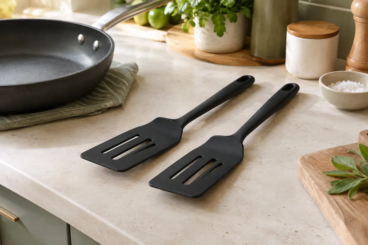 Deux spatules noires en silicone posées près d’une poêle antiadhésive sur un plan de travail clair.