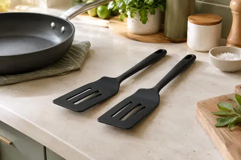 Deux spatules noires en silicone posées près d’une poêle antiadhésive sur un plan de travail clair.
