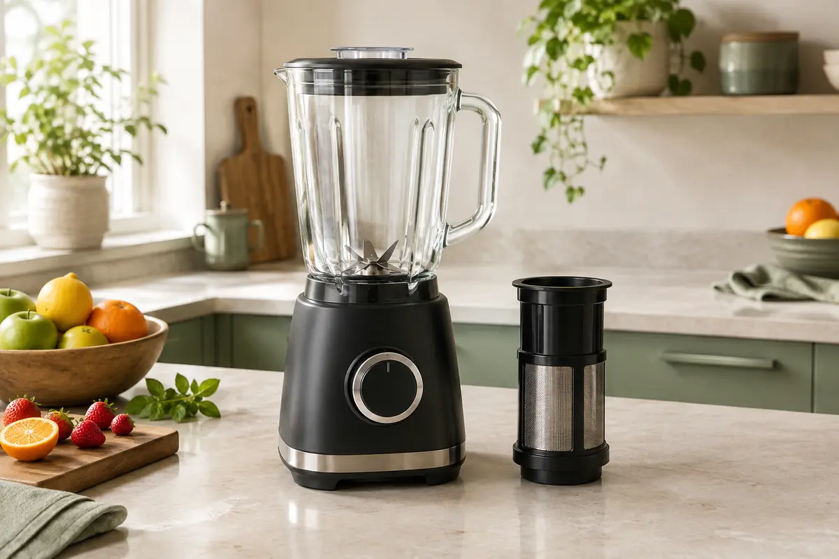 Blender noir Cecotec avec bol en verre transparent posé sur un plan de travail clair