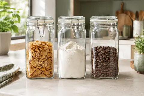 Trois bocaux carrés en verre transparent avec fermeture métallique, remplis d’ingrédients secs sur un plan de travail