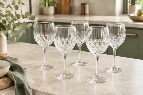 Six verres à vin Longchamp transparents à pied, ornés de moulures géométriques sur une table claire.