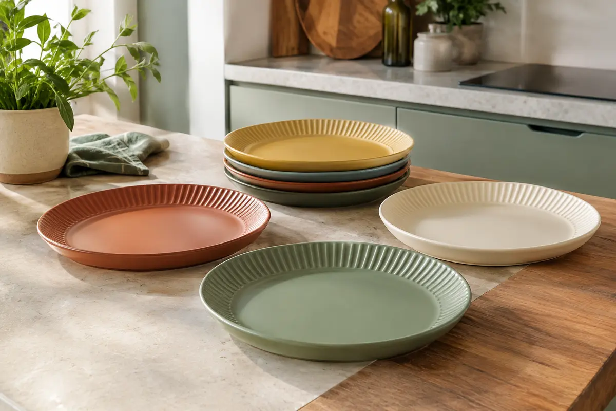 Lot d’assiettes rondes en plastique rayé, coloris variés, empilées près d’une salade dans une cuisine claire.