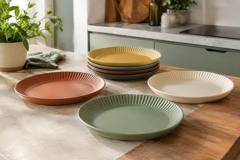 Lot d’assiettes rondes en plastique rayé, coloris variés, empilées près d’une salade dans une cuisine claire.