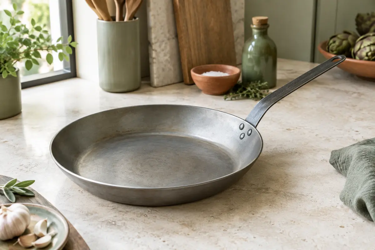 Poêle ronde en acier De Buyer de 28 cm, avec bords évasés et poignée en fer rivetée.
