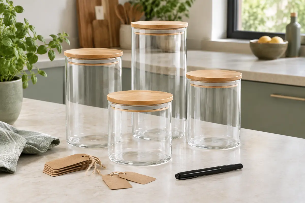 Quatre bocaux transparents avec couvercles en bambou et étiquettes pour ranger des ingrédients secs.