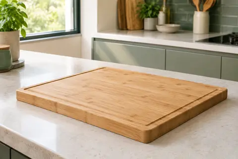 Planche à découper rectangulaire en bambou clair pré-huilé, posée sur un plan de travail lumineux