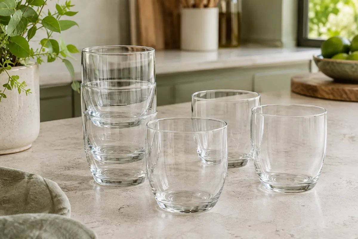 Six verres à eau transparents en verre renforcé, empilés sur un plan de travail clair