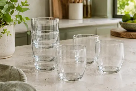 Six verres à eau transparents en verre renforcé, empilés sur un plan de travail clair